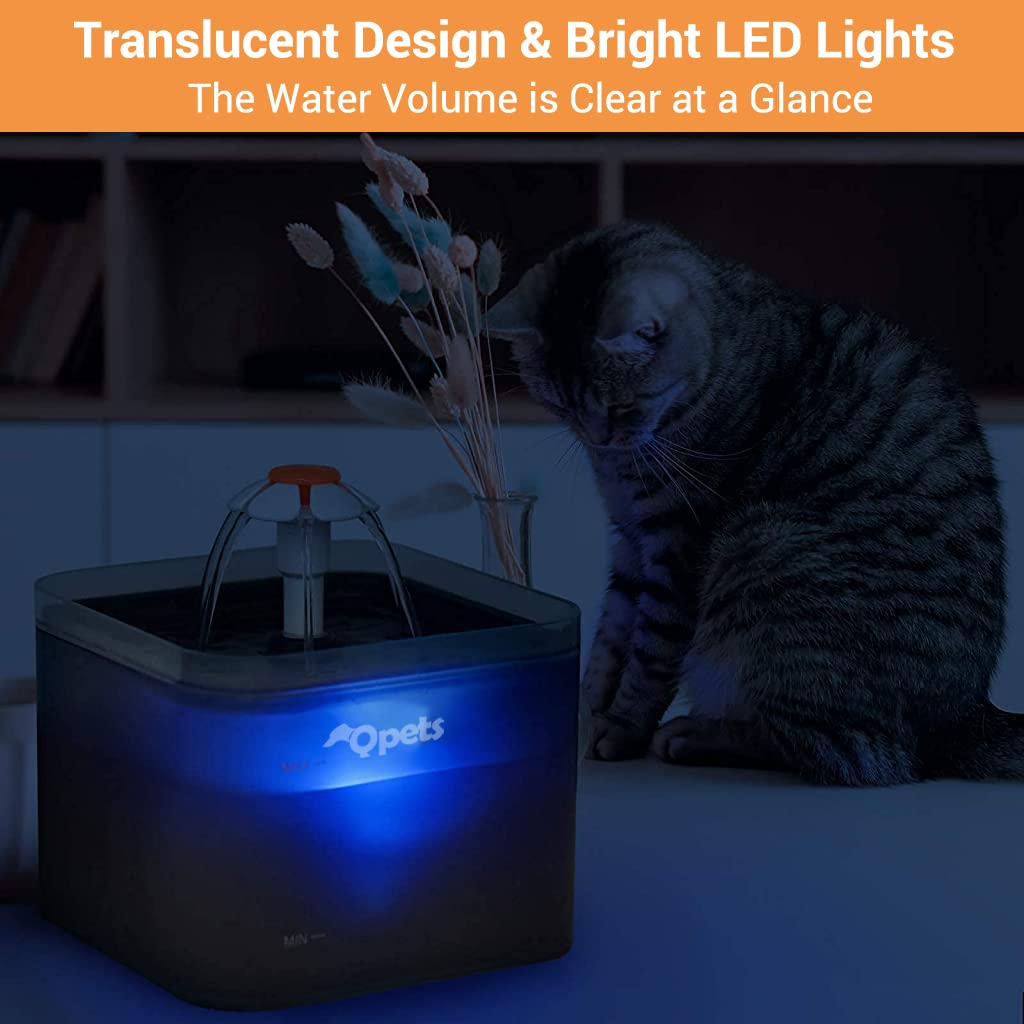 Qpets Cat Water Fountain with LED Light 67oz 2.0L Ultra Quiet Pump and 4‑Stage Filter | Grey