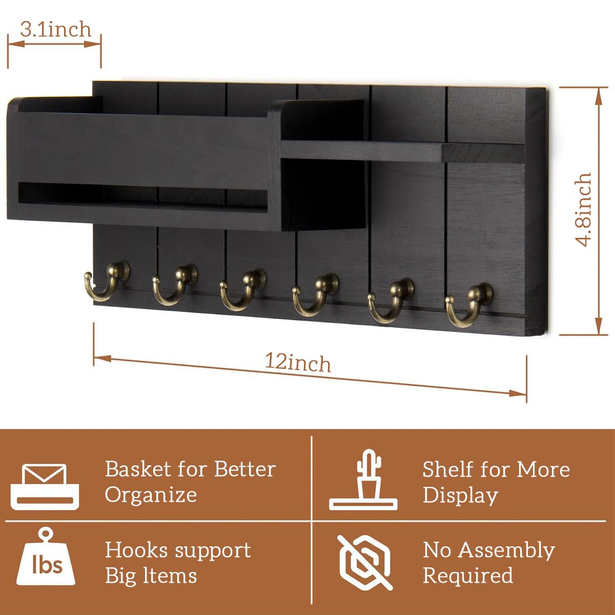 Supvox Wooden Key Holder for Home with Six Metal Hooks and Dual Shelves Black 12x4.8 in