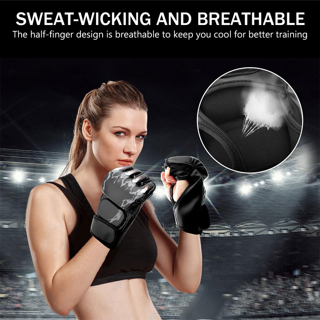 Proberos® Boxing Gloves Black Print MMA Gloves with Adjustable Wristband, Breathable Fingerless MMA Gloves for Boxing, Muay Thai and Sparring Sessions, Punching Gloves