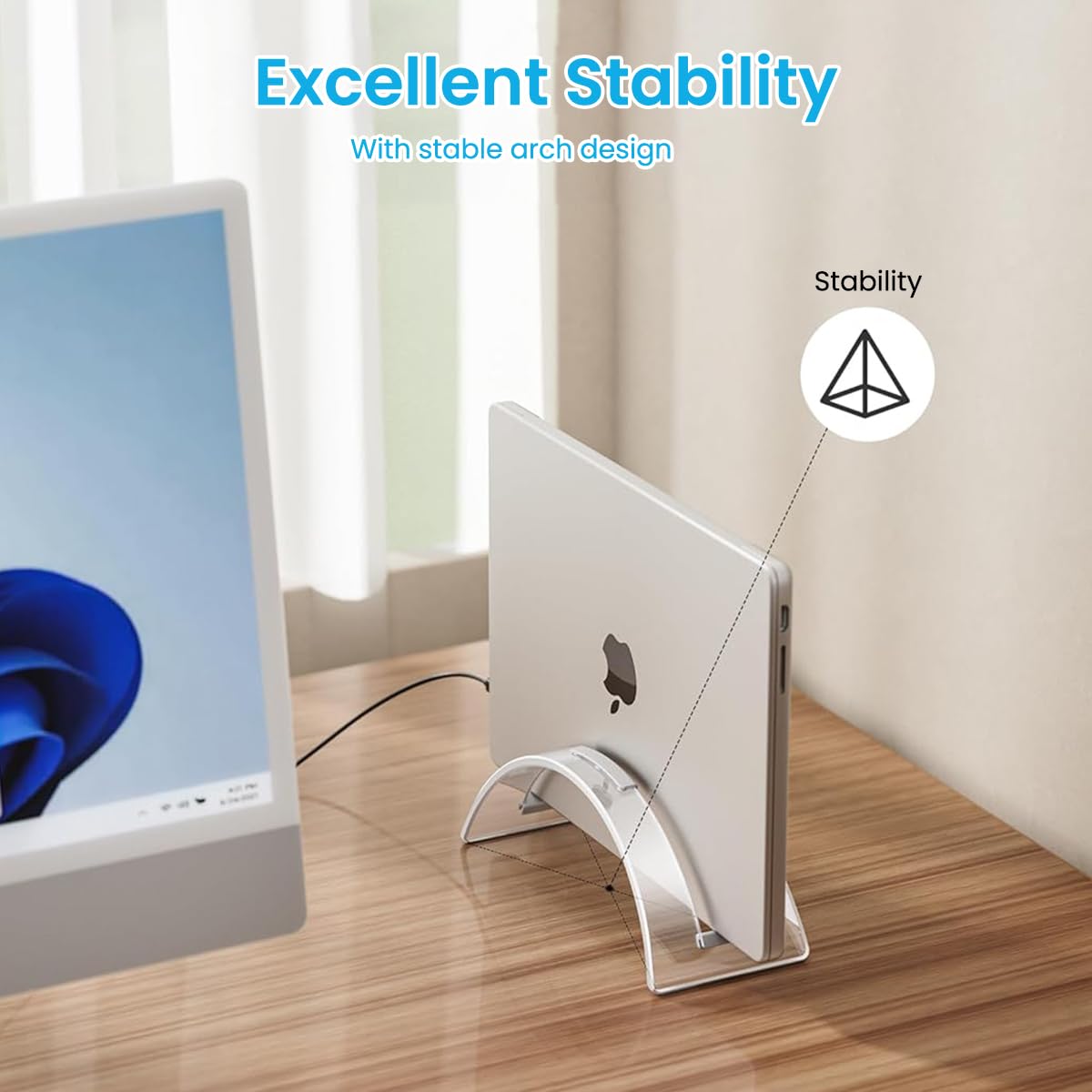 Zeitel Vertical Laptop Stand for Desk with Dual Silicone Grips and Clear Acrylic Build for 16 Inch Devices