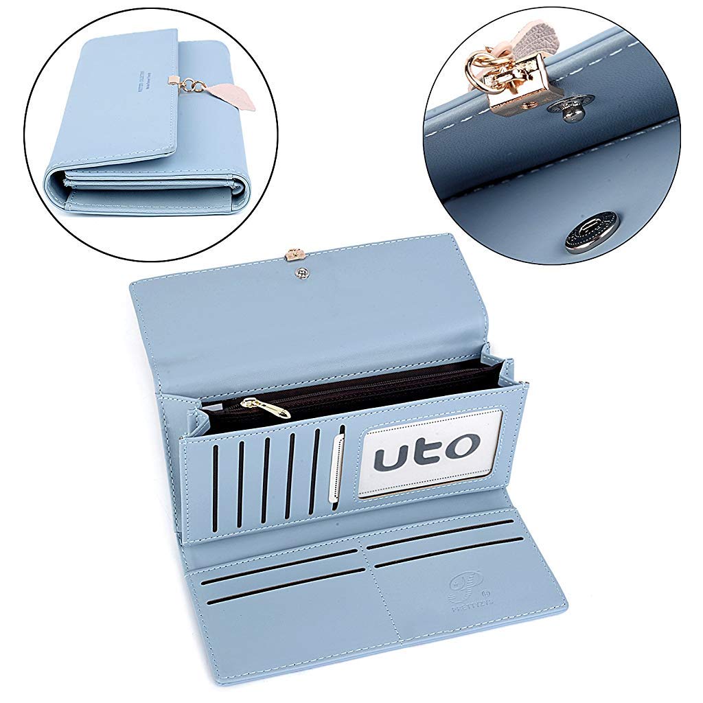 PALAY® Womens PU Leather Long Wallet with Leaf Pendant Card Holder Phone Pocket Girls Zipper Coin Purse Blue 2PCS