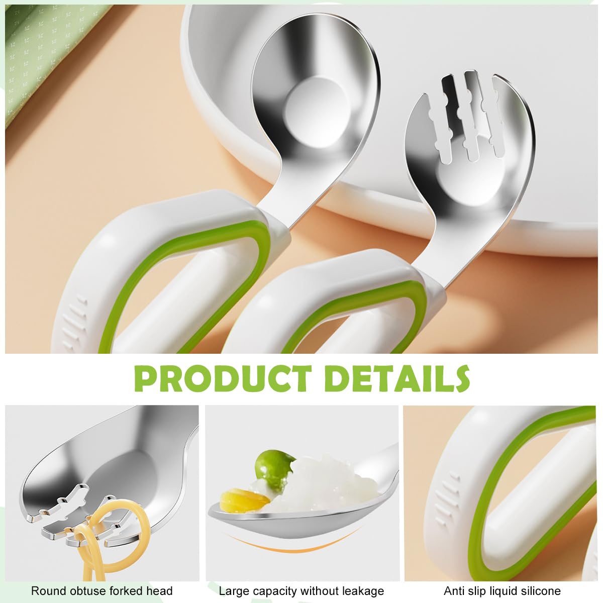 SNOWIE SOFT Toddler Feeding Utensils Set for Self-Feeding with Soft Silicone Loop Handles | 2Pcs Stainless Steel Spoon and Anti-Slip Fork