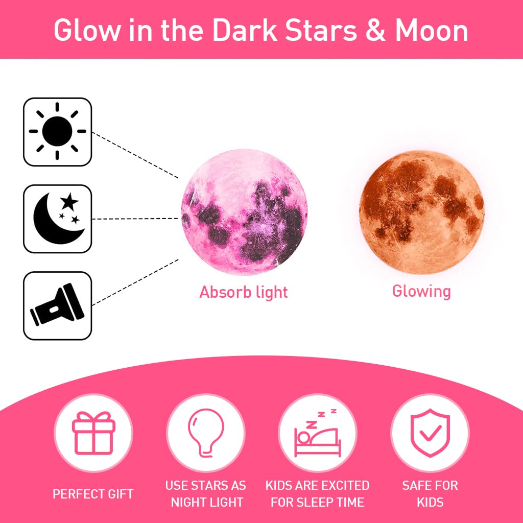 HASTHIP Glow in The Dark Unicorn Wall Decals for Kids Room with 893 Stickers | Luminous Pink Moon and Stars Decor