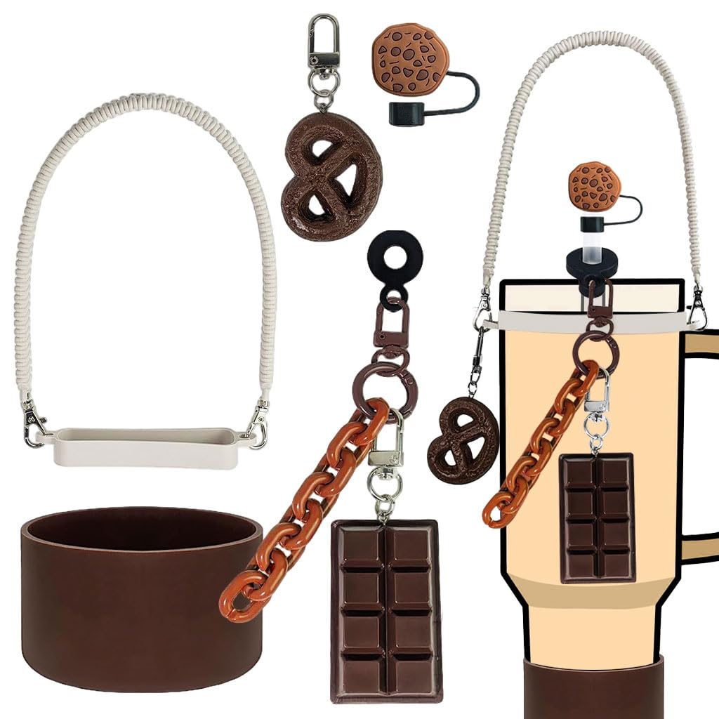HASTHIP Stanley Cup Accessories Set for Travel with Hand Strap and Silicone Bottom Sleeve | 5Pcs Charms and Cookie Straw Cover