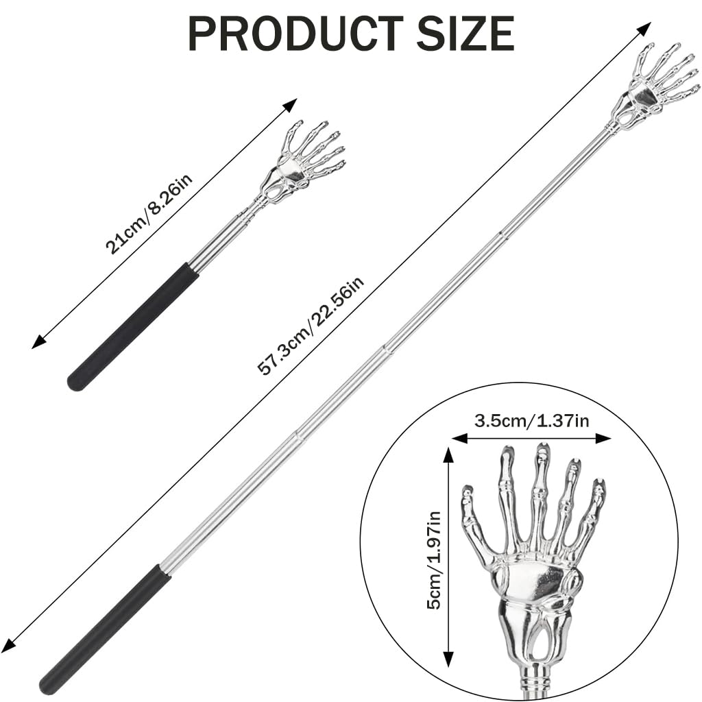 ZIBUYU Skull Hand Back Scratcher for Itch Relief with Telescopic 22–59cm Stick | Stainless Steel and Non Slip PVC Handle