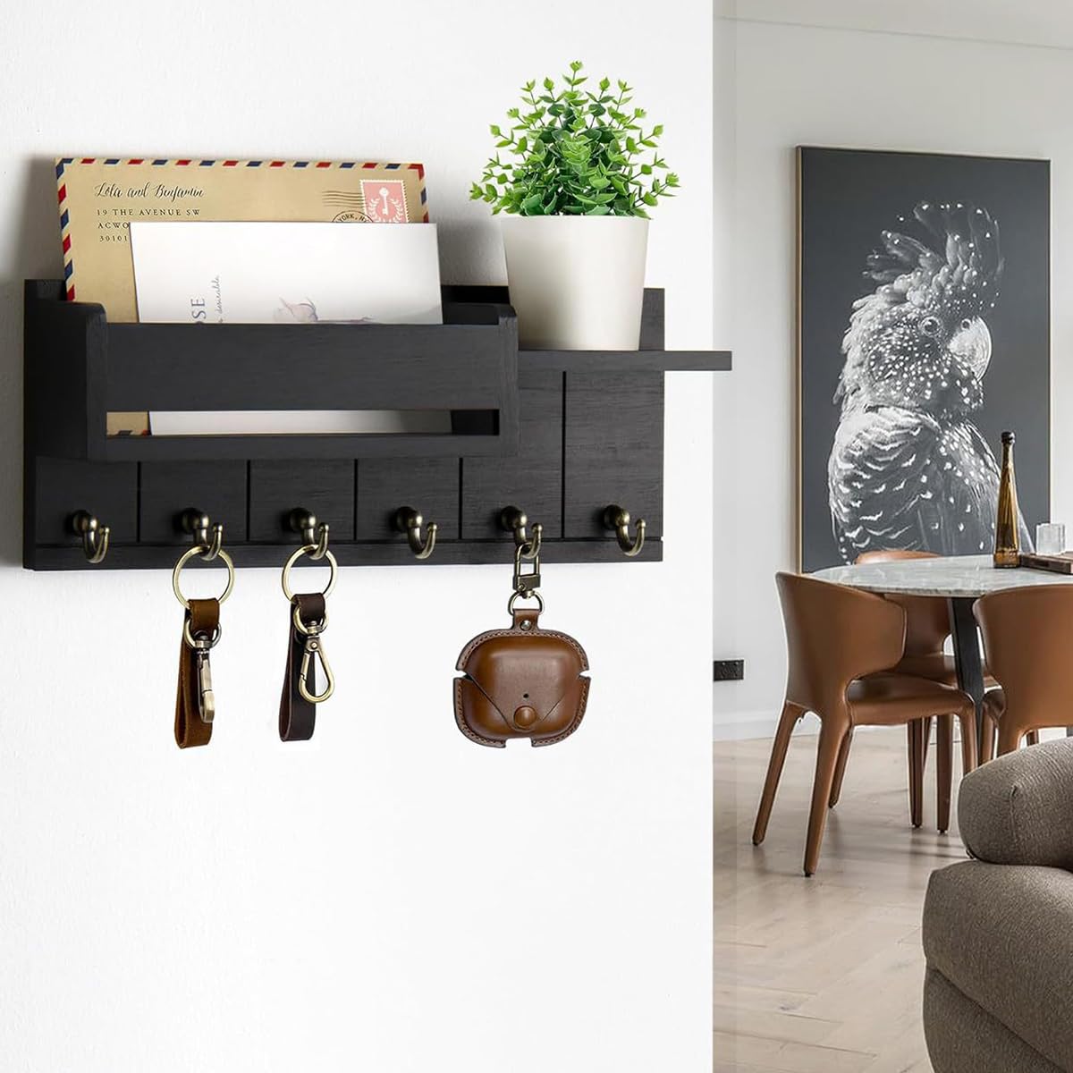 Supvox Wooden Key Holder for Home with Six Metal Hooks and Dual Shelves Black 12x4.8 in