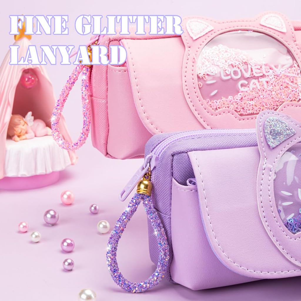 Zibuyu Cute Cat Kawaii Pencil Case for School with Quicksand Glitter and Handle | Purple PU Leather Organizer