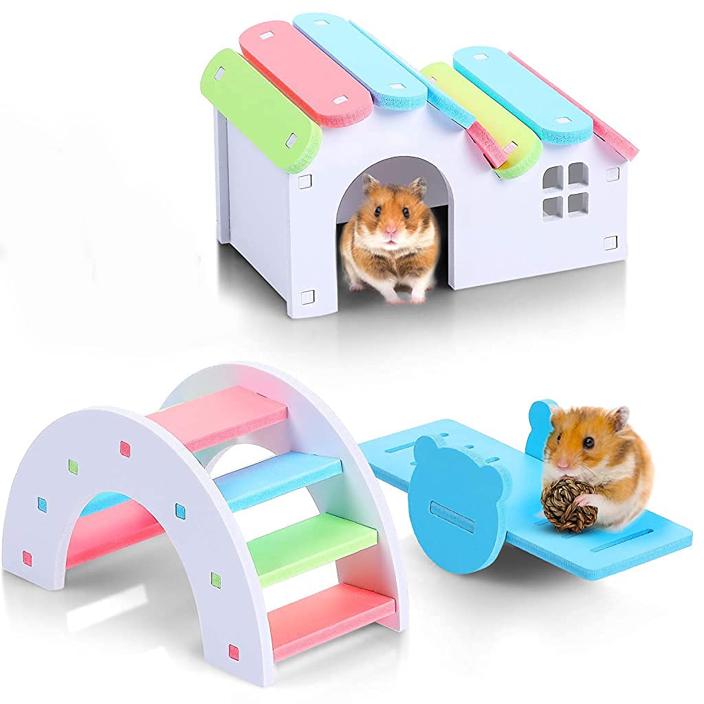 Qpets® 3 PiecesHamster Toy Set Include Wooden Hamster House, Rainbow Bridge, Hamster Seesaw Toy DIY Wooden Exercise Play Toys, Small Pet House for Small Hamsters Mice Gerbil