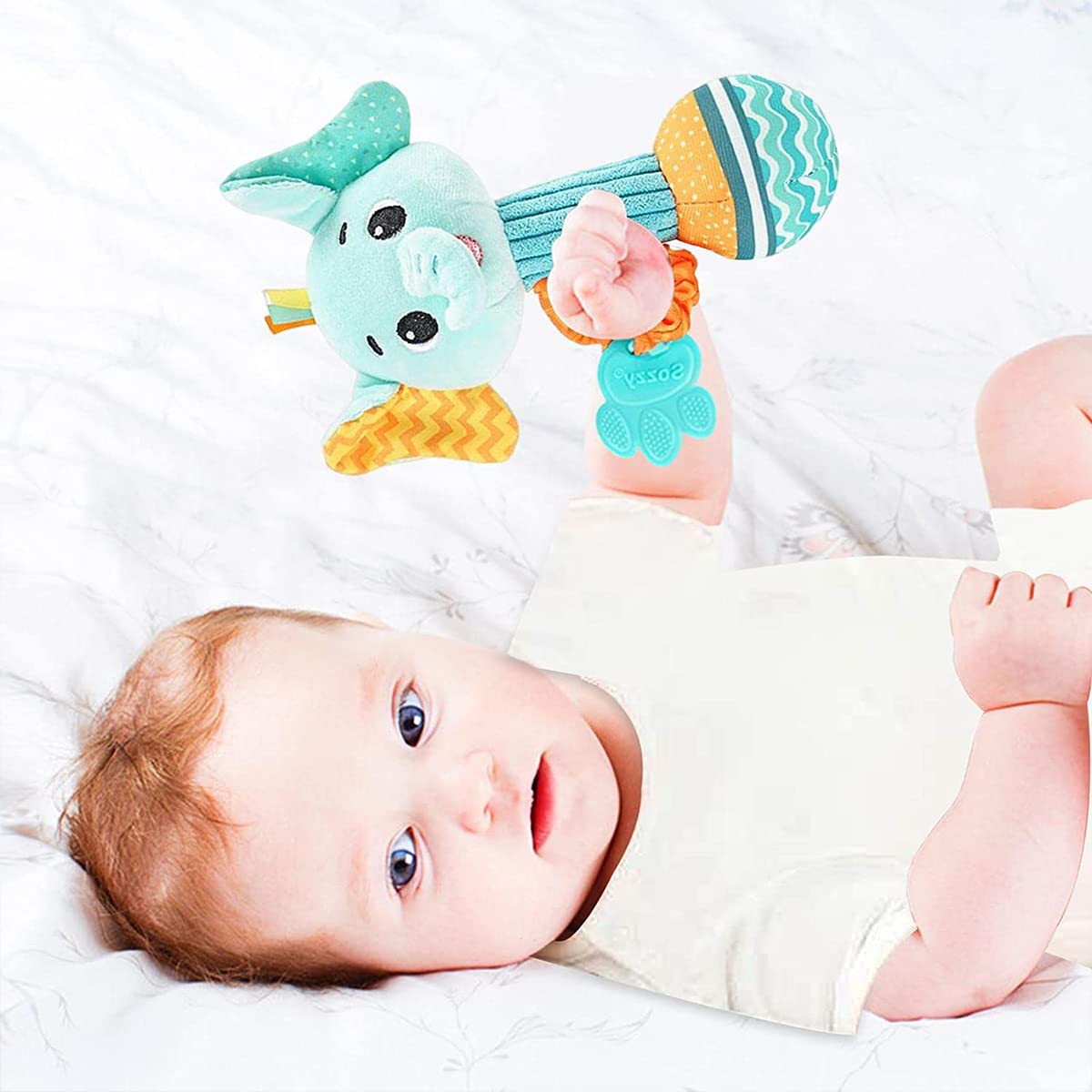 PATPAT Rattles for 6 to 12 Months with Teether and Elastic Hand Rope | Soft Elephant Toy for Babies