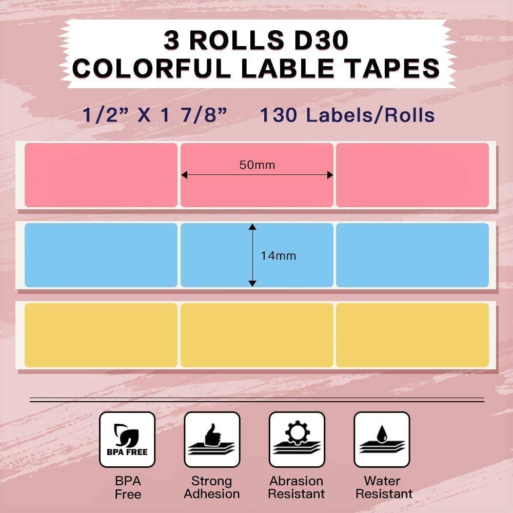 HASTHIP® D30 Thermal Label D30 Label Maker Tape 14x50mm Thermal Label Print Paper Compatible with D30 Portable Label Printer, Blue/Yellow/Pink Sticker Machine Label, 3 Rolls, 160 Labels/Roll