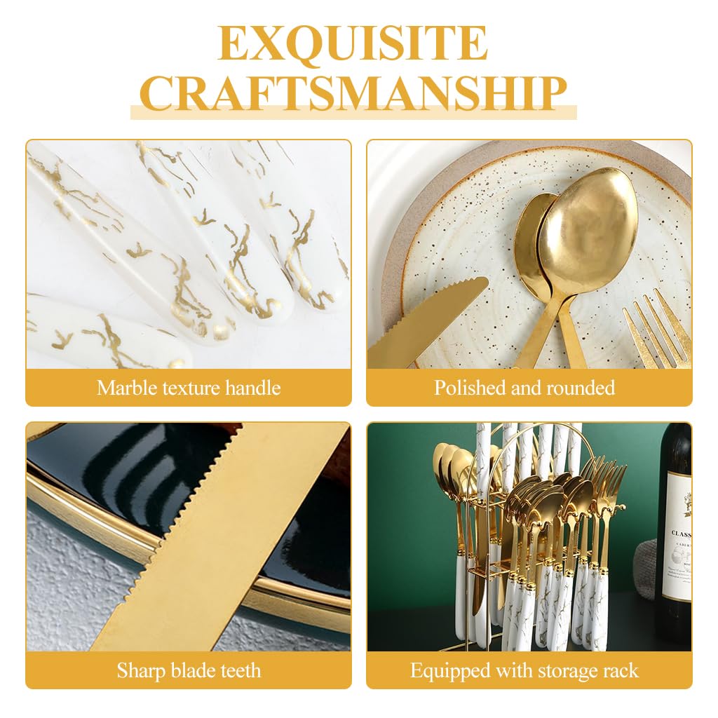 ZIBUYU Spoon Set for Kitchen with 24 Pieces and Cracked Pattern Handles | Golden Stainless Steel Cutlery