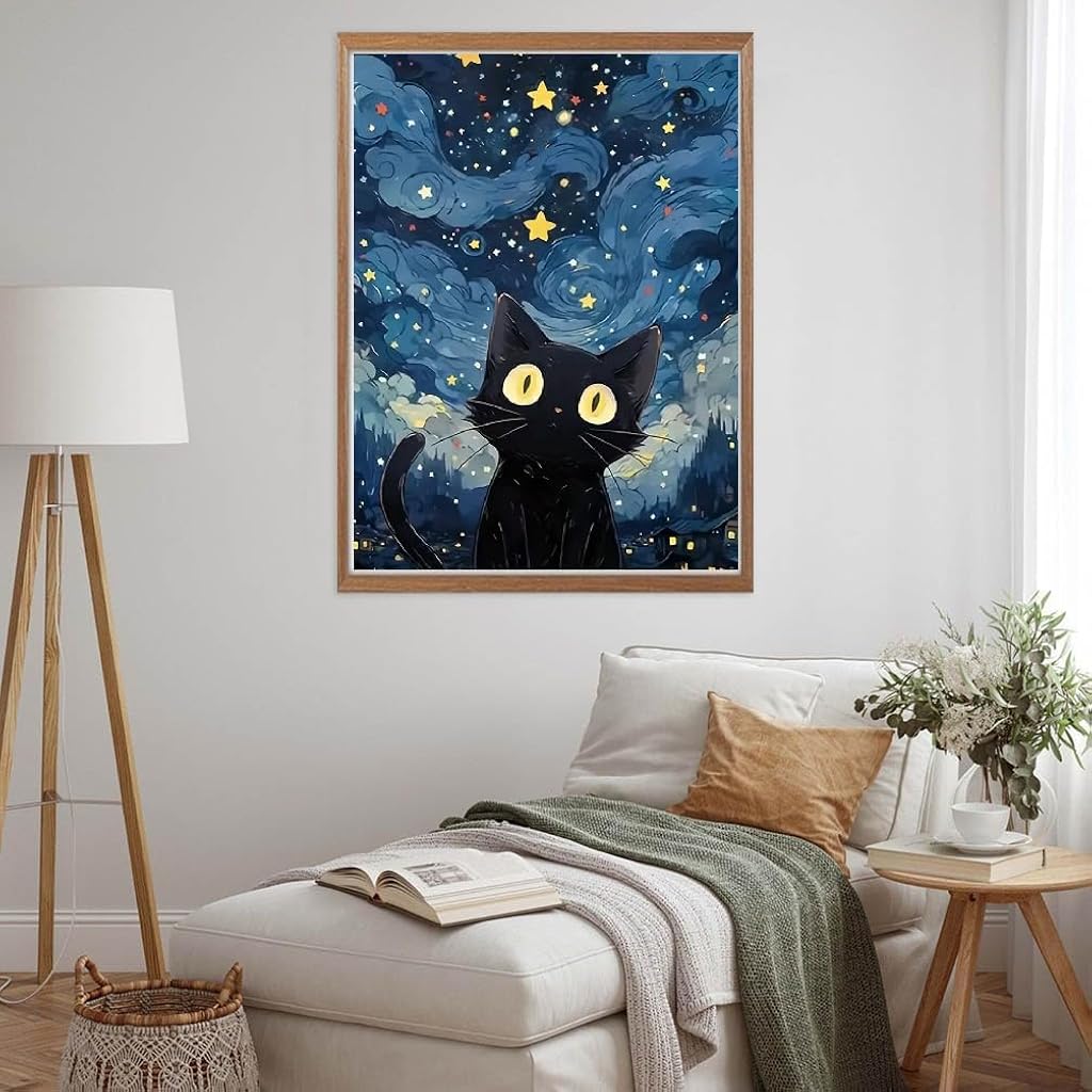 HANNEA® DIY Diamond Art Paint Kit, Cartoon Cat Starry Night Diamond Paint Kit with Tools & Accessories, 30x40cm No Frame Pre Outlined Canvas Diamond Art Kit