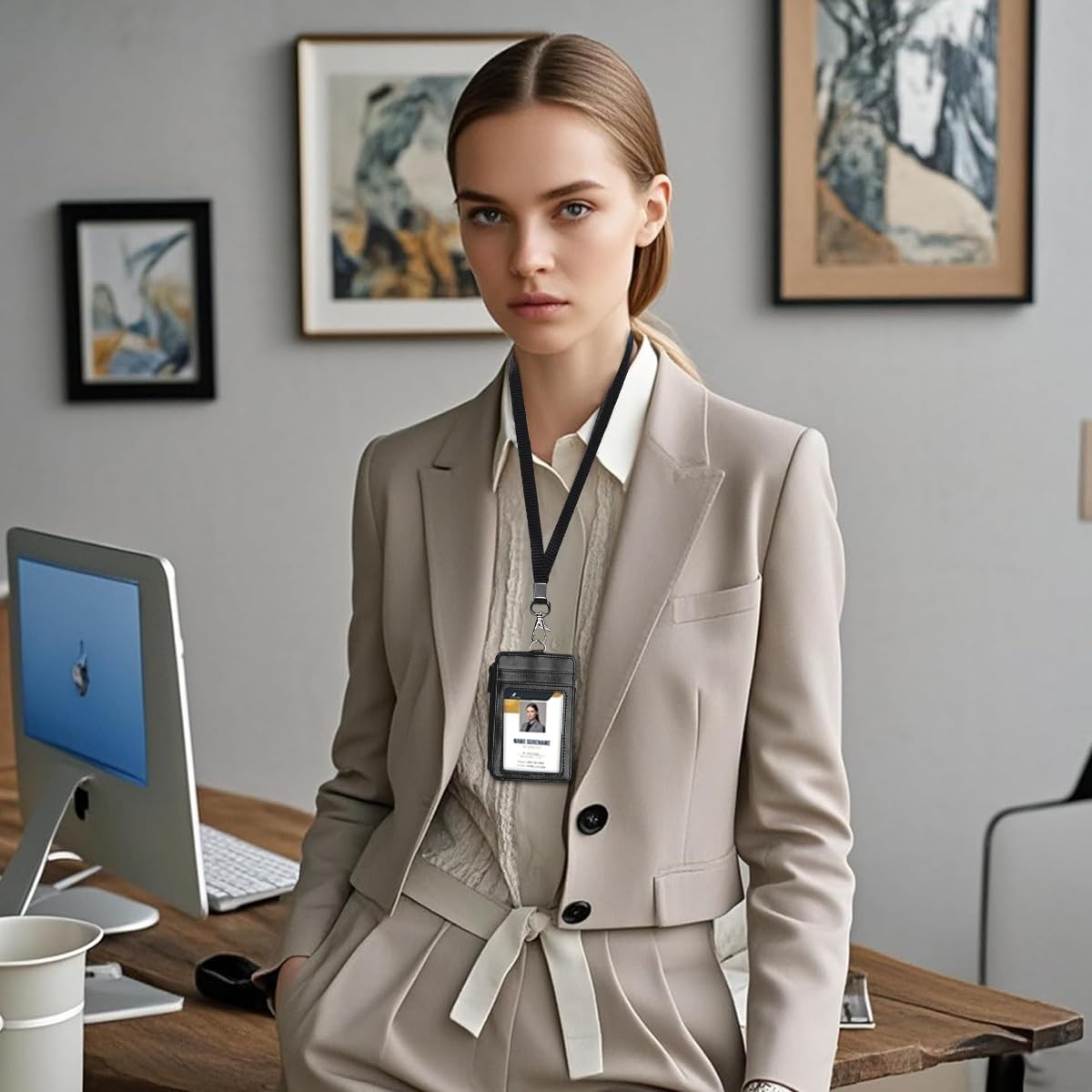 OFIFO Badge Holder for Staff ID Cards with Zipper Pouch and Card Slots | PU Neck Strap