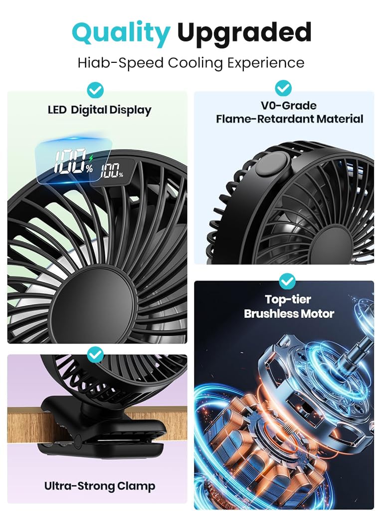 Verilux USB Desk Fan for Stroller and Desk with 5000mAh Battery featuring Clip and 4 Speeds
