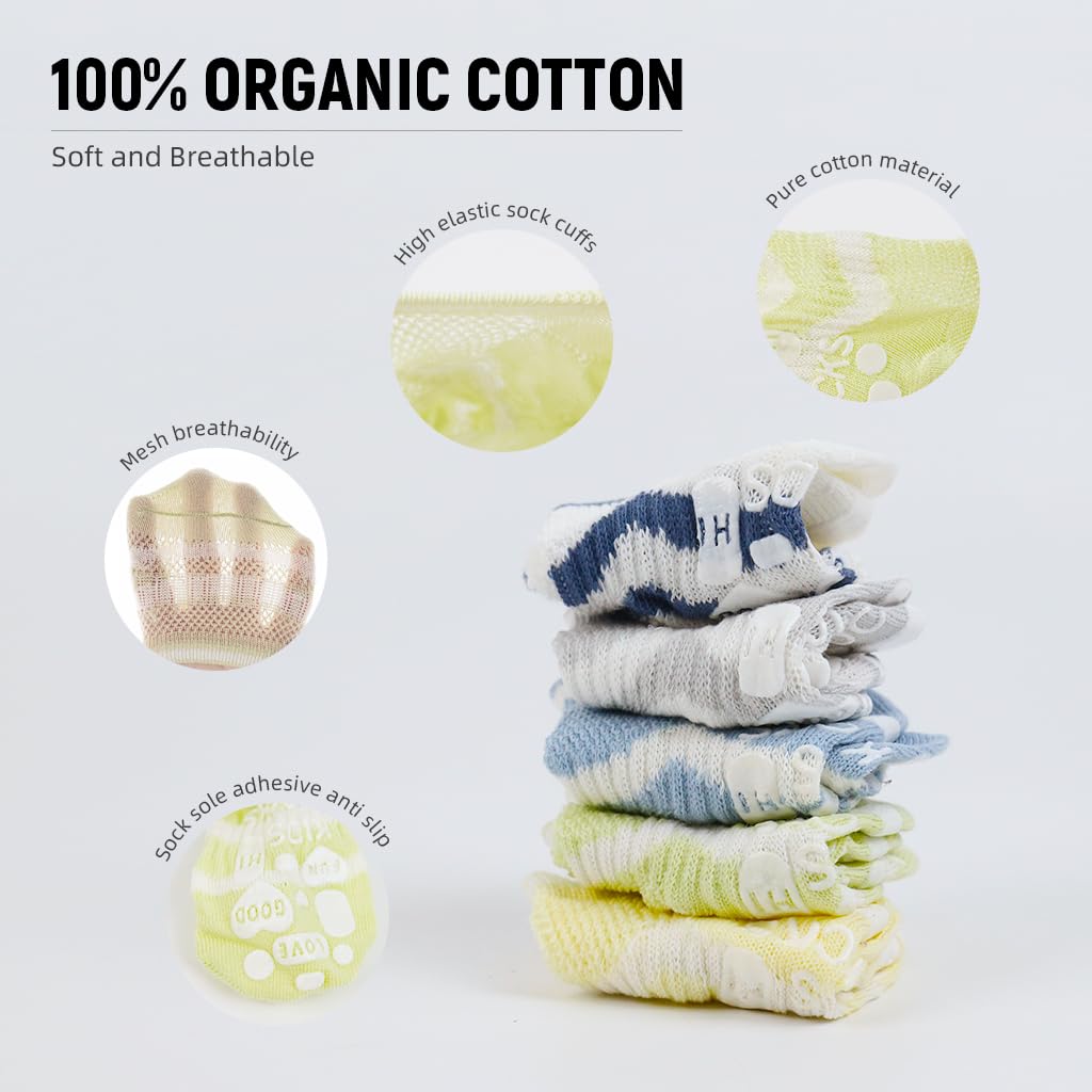 SNOWIE SOFT Baby Socks for Toddlers with Anti Slip Patches and Breathable Cotton Mesh | 5 Pairs for 0–18 Months