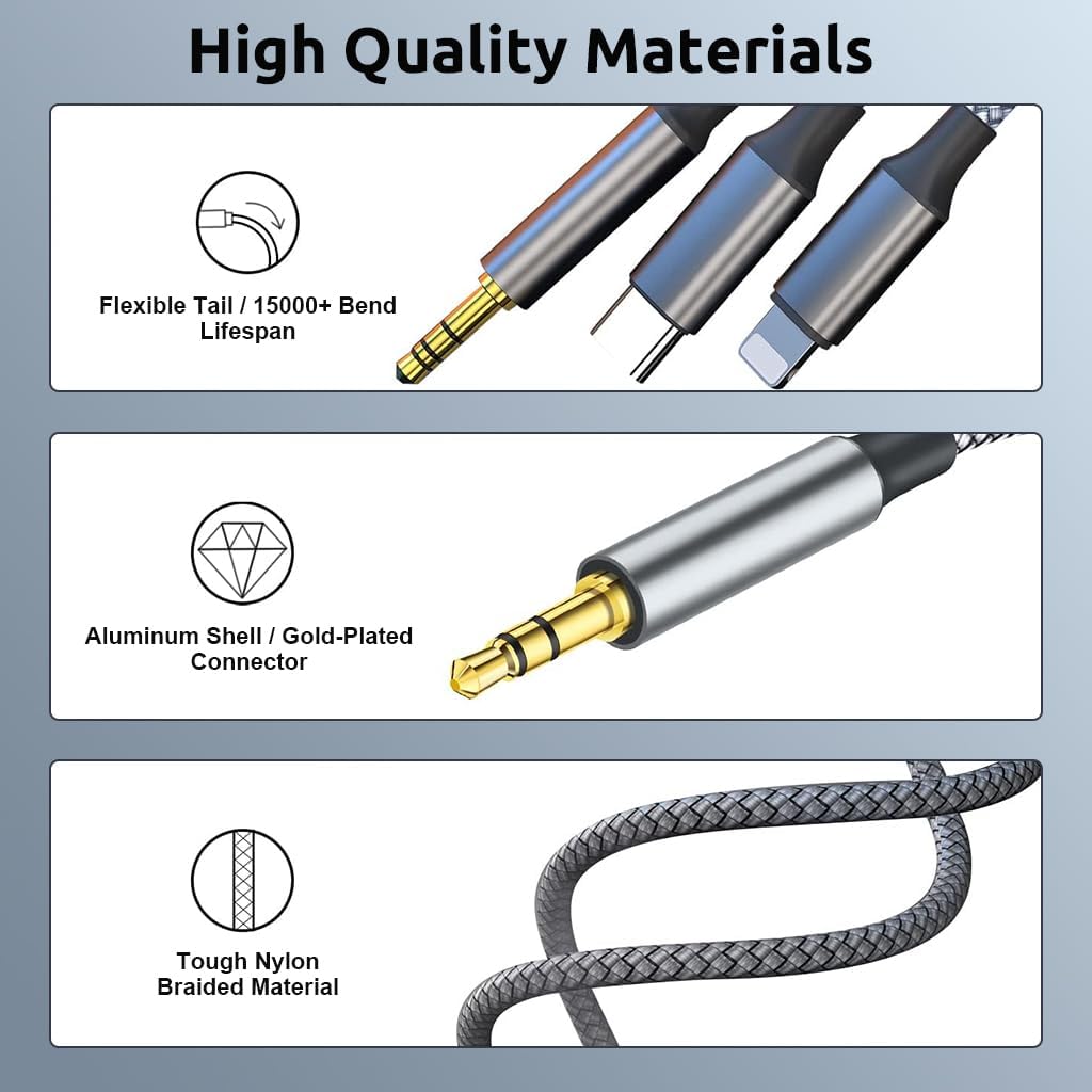 ZEITEL 3 in 1 Car Aux Cable for Stereo and Headphones with 1.5m Nylon Braid | USB C Lightning 3.5mm Connectors