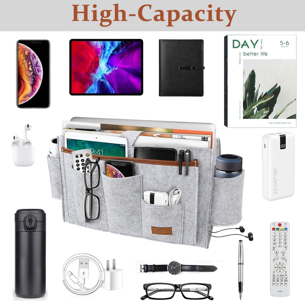 HASTHIP Bedside Caddy Bag for Bed Sofa and Desk featuring Flip Board and Felt Pockets Organizer