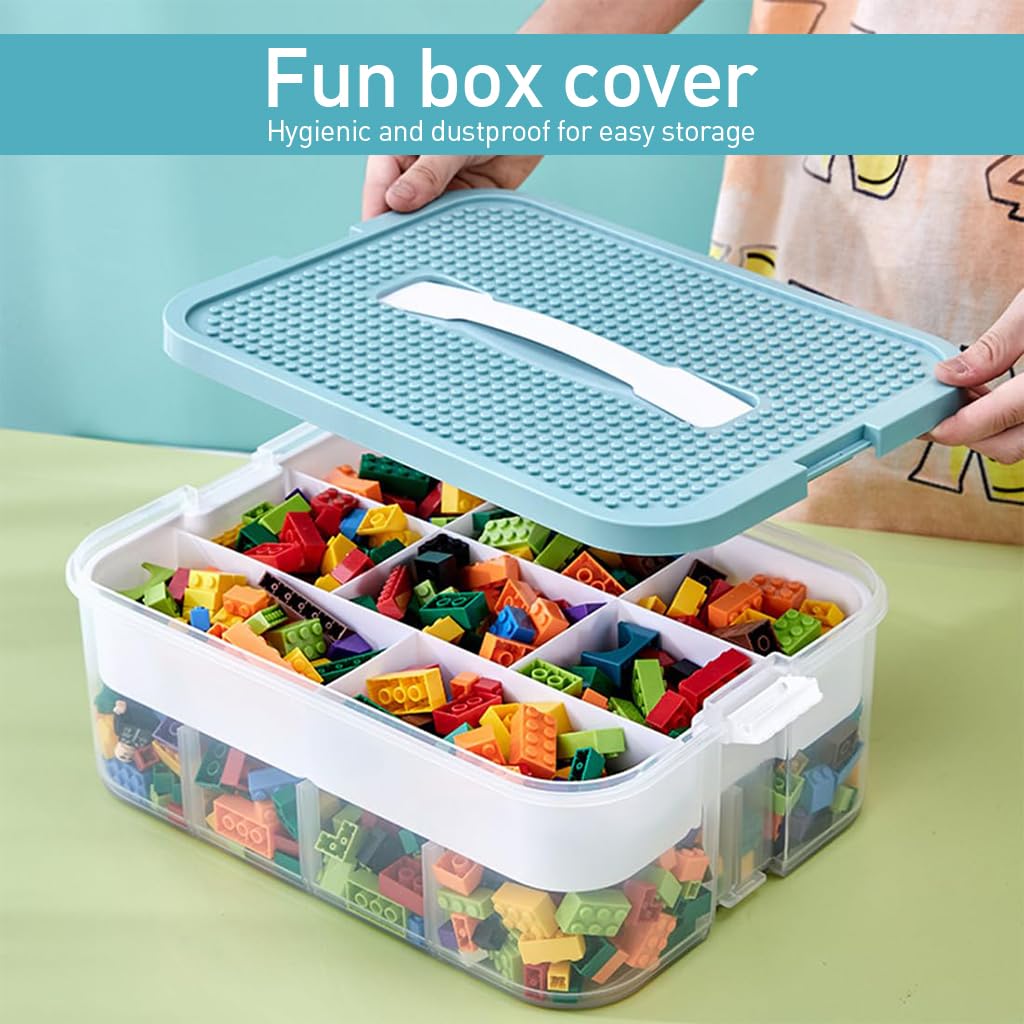 PATPAT Kids Toy Storage Case Double Layer Multi Compartment Building Blocks Bulk Toy Bricks Storage Case Portable Kids Toy Storage Case with Lid, 30.5x23x12.5cm