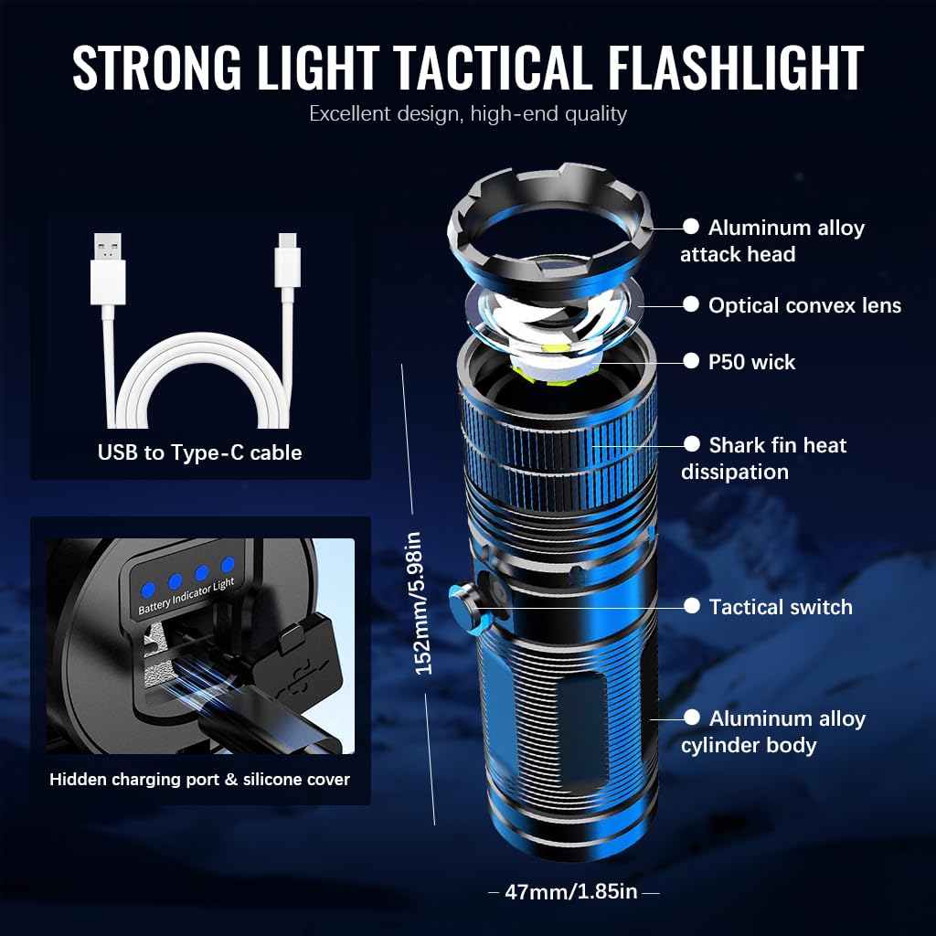 ELEPHANTBOAT Flashlight for Camping and Emergency with 4800mAh Power Bank | Zoomable IPX67 Metal Design