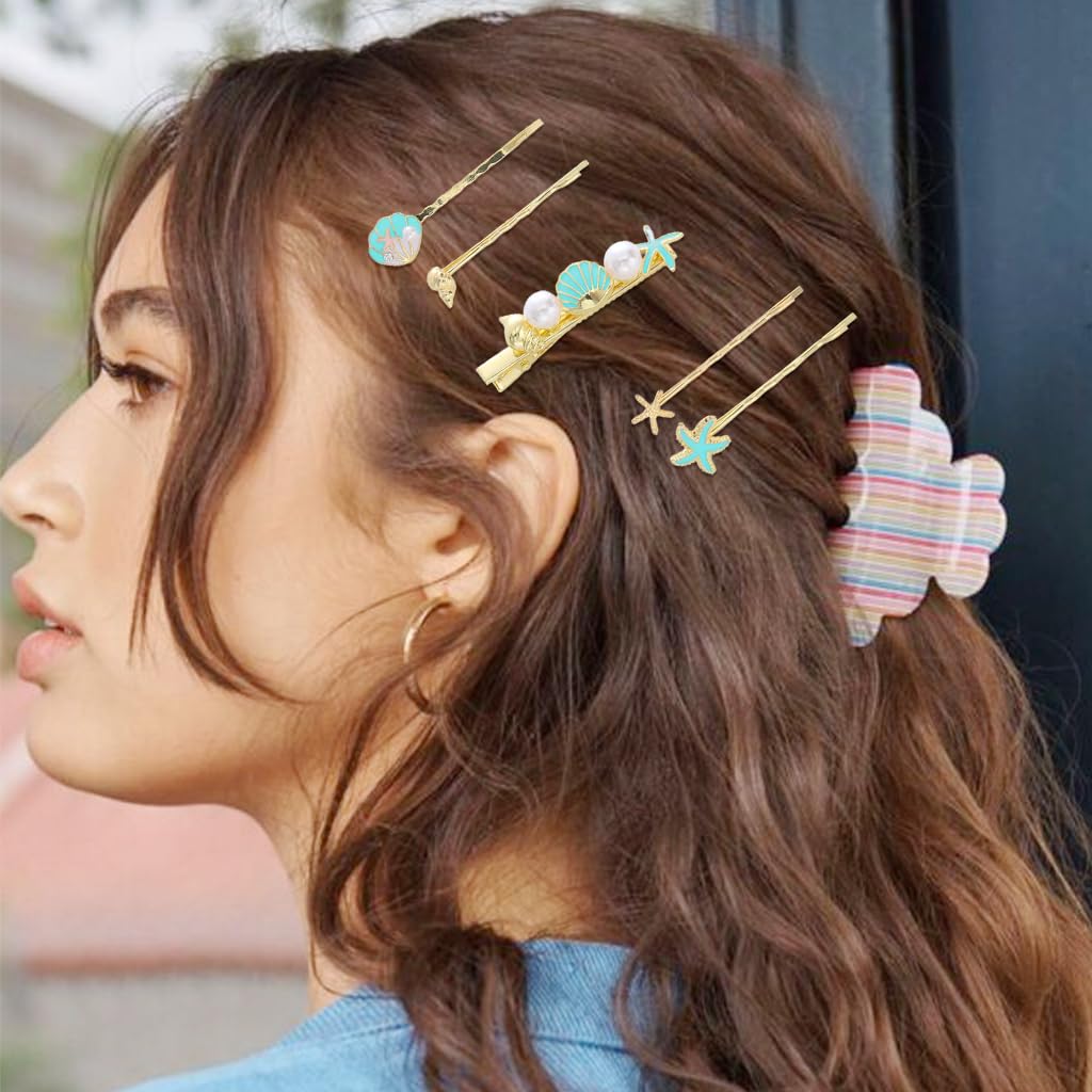 Venzina Hair Clips for Girls and Women featuring Pearl Starfish Seashell Pins in Gold | 5Pcs Set
