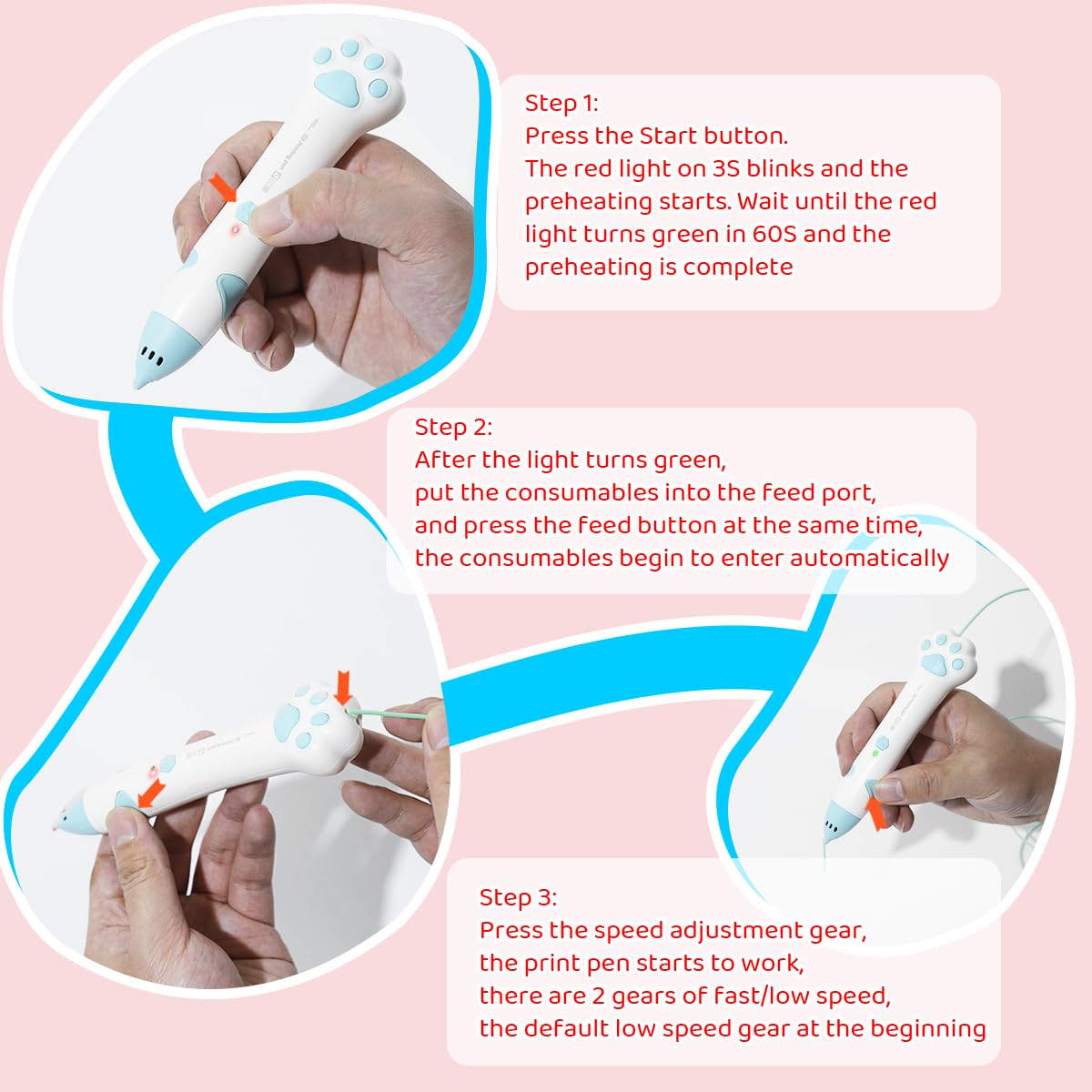 PATPAT 3D Pen for Kids with 20m Color Filament and USB Rechargeable Cat Paw Design | Educational Drawing Toy