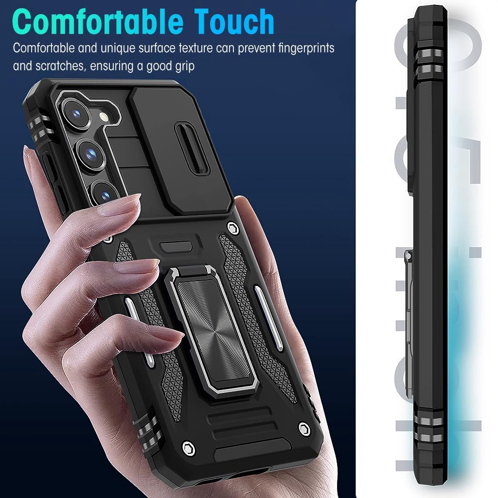 ZORBES Phone Case for Samsung Galaxy S23 with 360° Rotatable Kickstand Grip and Sliding Camera Cover | Black 3 PCS