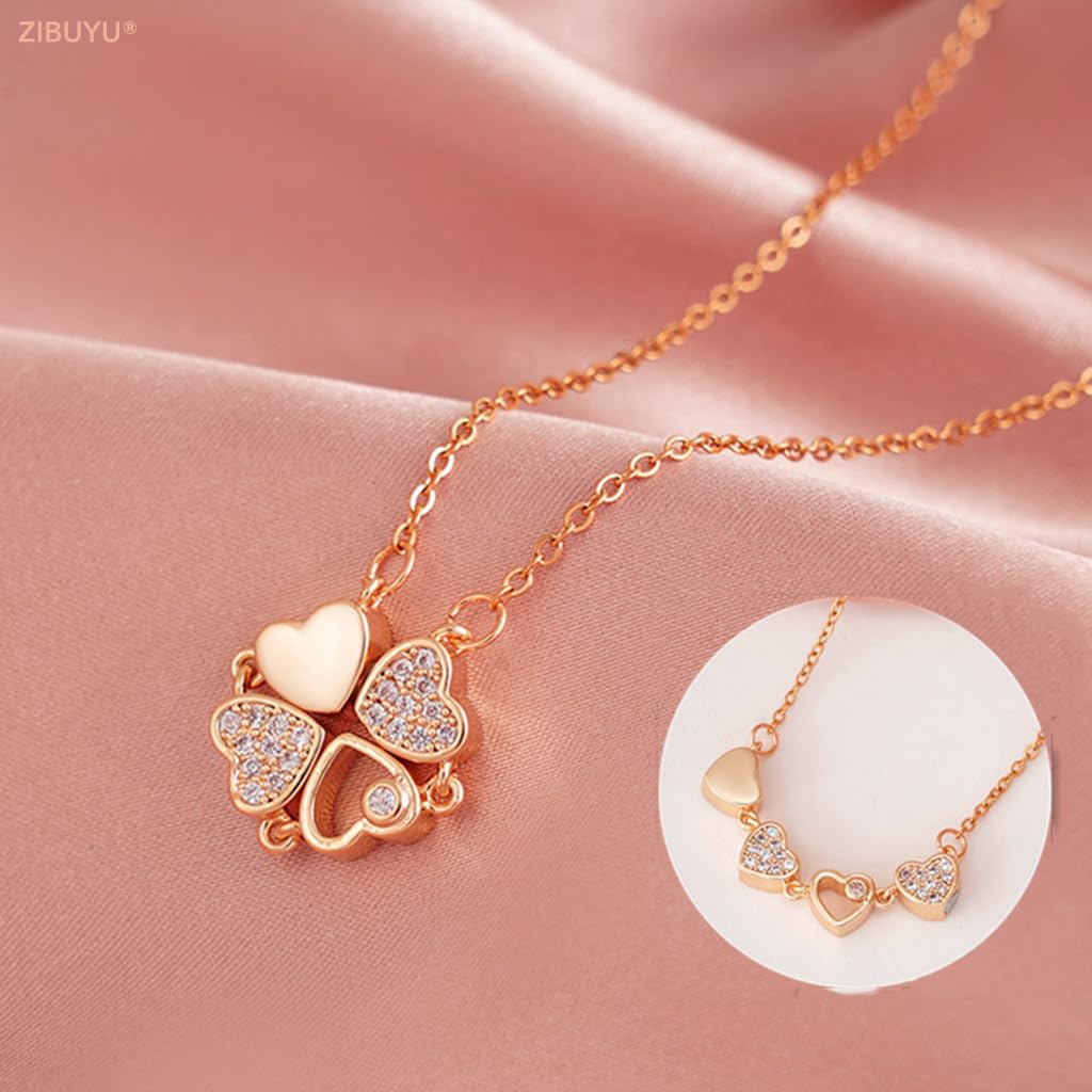 ZIBUYU Heart Necklace for Girls Women Rose Golden Alloy Four Leaf Clover Necklace for Women Transformable Pendant Jewelry Pendant for Gift Girlfriend & Birthday
