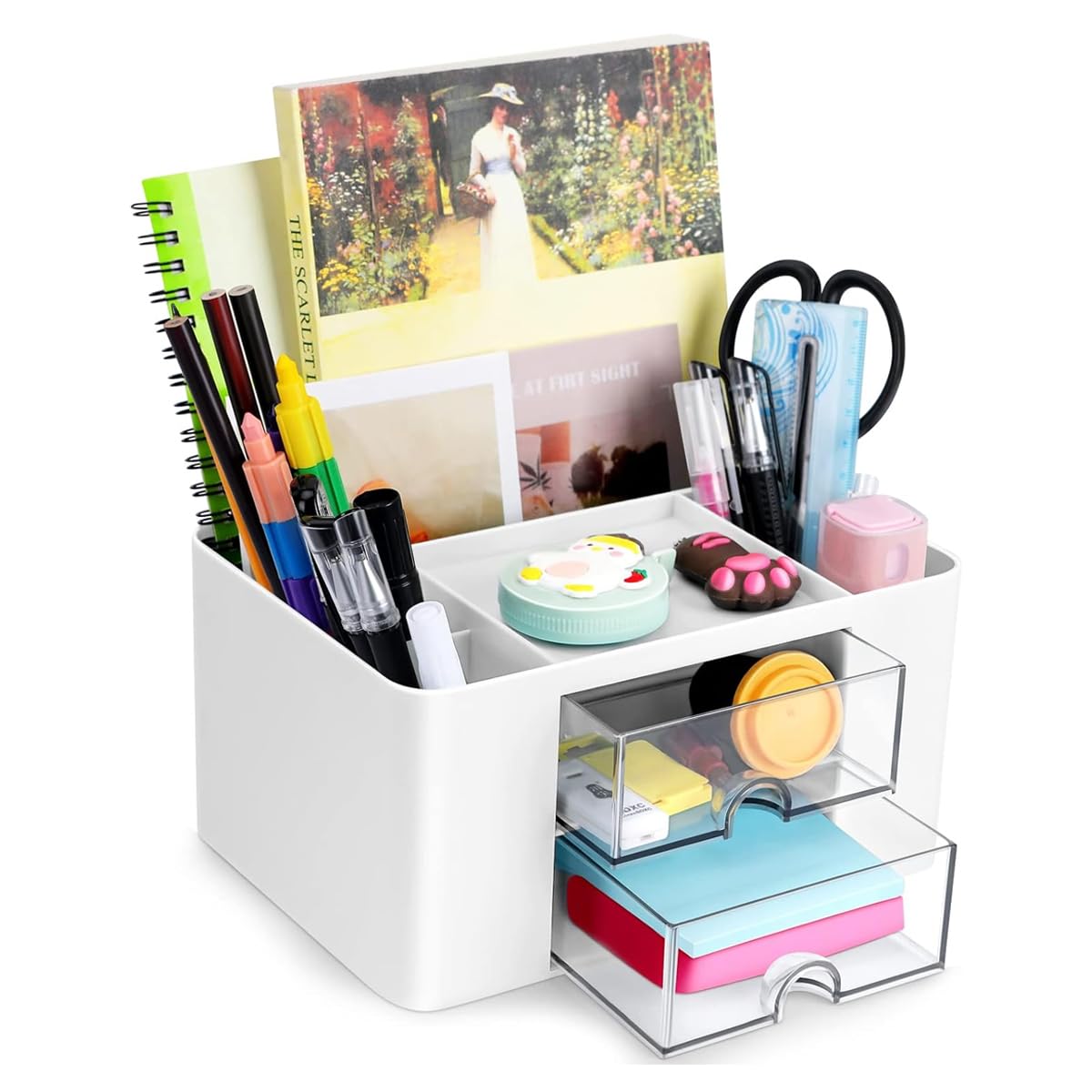 Climberty® Desk Organizer - Pen Organizer with 2 Drawer, Multi-Functional Pencil Holder for Desk, Desk Organizers and Accessories with 5 Compartments + Drawer for Office Art Supplies (White)