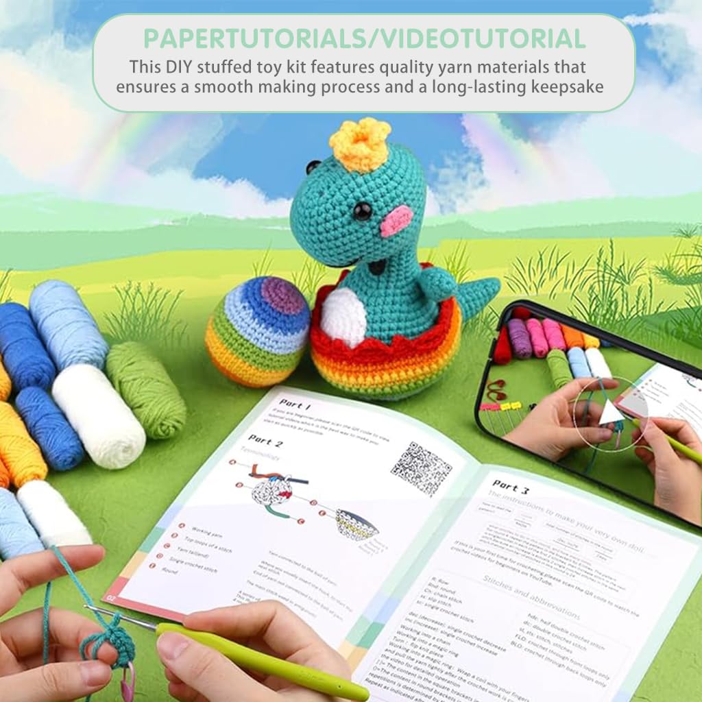 HASTHIP® Crochet Stuffed Animal Kit Crochet Kit for Beginners Knitting Kit Full Set Crochet Starter Kit with Yarn, Polyester Fiber, Crochet Hooks, Tutorial Video, DIY Gift Friends (Rainbow Dinosaur)