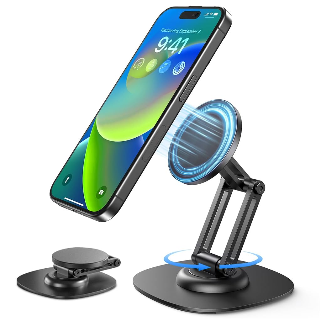 ZORBES® 360°Rotating Magnetic Phone Stand for Desk, Adjustable Foldable Aluminum for MagSafe Phone Stand, Non-Slip Base Cell Phone Holder for iPhone 15/14/13/12 Pro Max/MagSafe Case