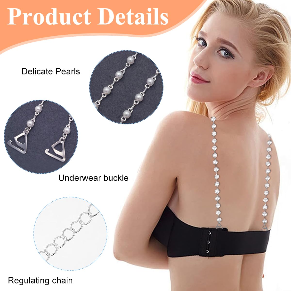 MAYCREATE® Pearl Bra Straps for Women, Metal Underwear Bra Strap for Strapless Dress, Fashion Adjustable Replacement Shoulder Strap for Evening Dress, Bra Tops Dress - 1 Pair