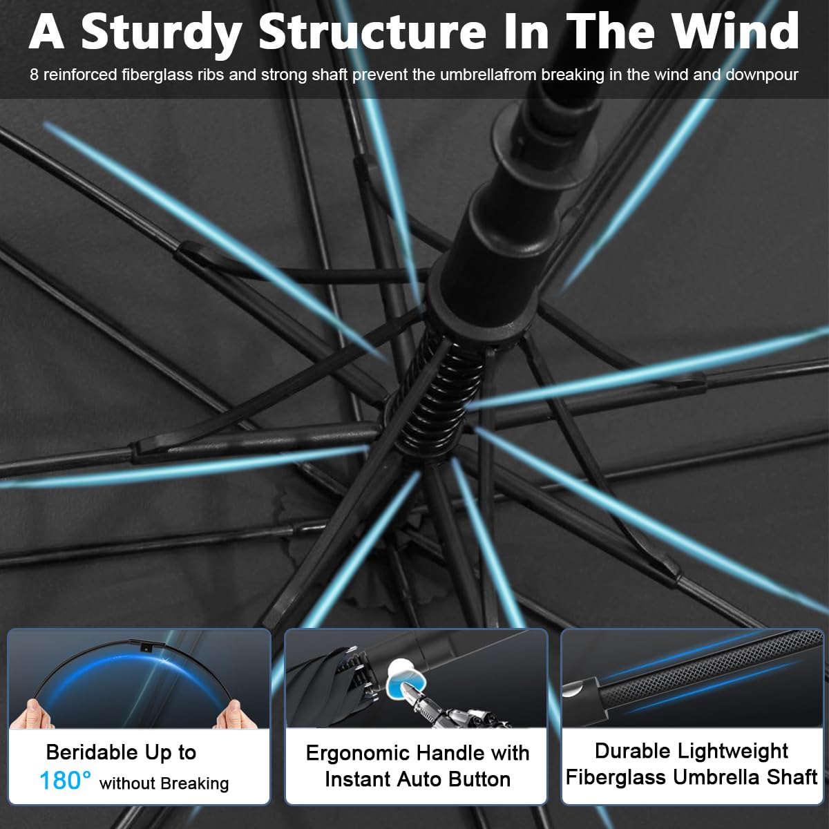 HASTHIP Big Umbrella for Men with 52 in Canopy and 8 Vent Windproof Design | Black Golf Use