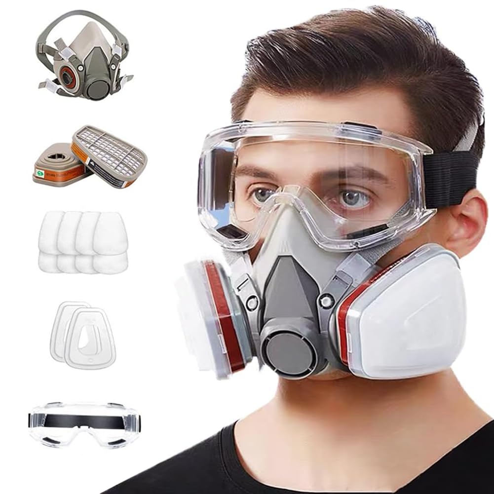Serplex Respirator Mask Kit for Painting and Welding with 6001 Filters and Dual Filtration | Silicone Half Facepiece and Anti-Fog Goggle