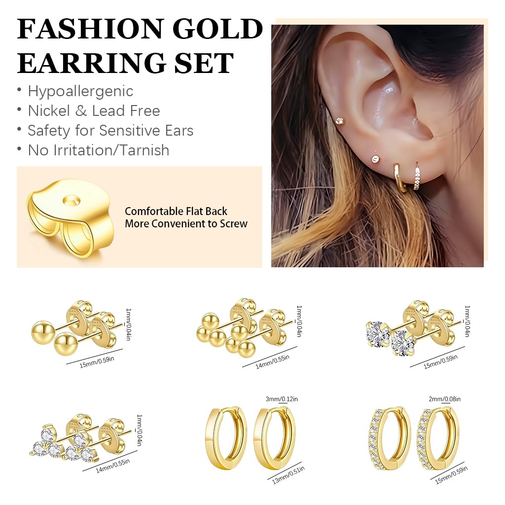 SANNIDHI Earring Sets for Women featuring 6 Pairs Gold Plated Studs with Rhinestones | Hypoallergenic Cubic Zirconia