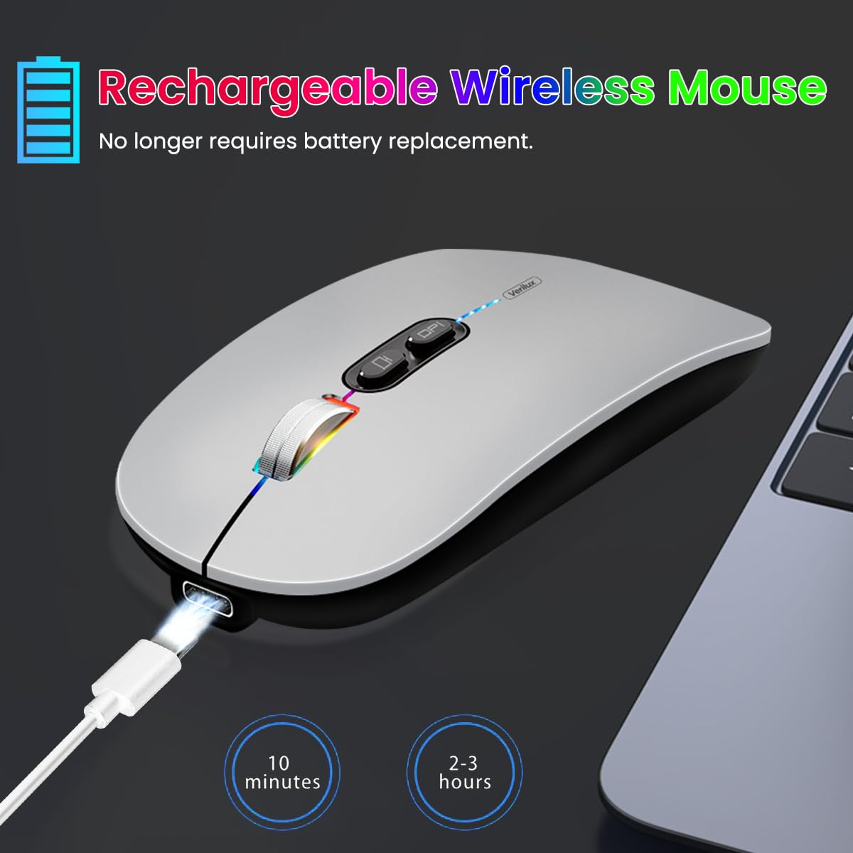 Verilux LED Wireless Mouse, Rechargeable Slim Silent Mouse 2.4G Portable Mobile Optical Office Mouse with USB Receiver, 3 Adjustable DPI for PC, Laptop, Computer, Desktop