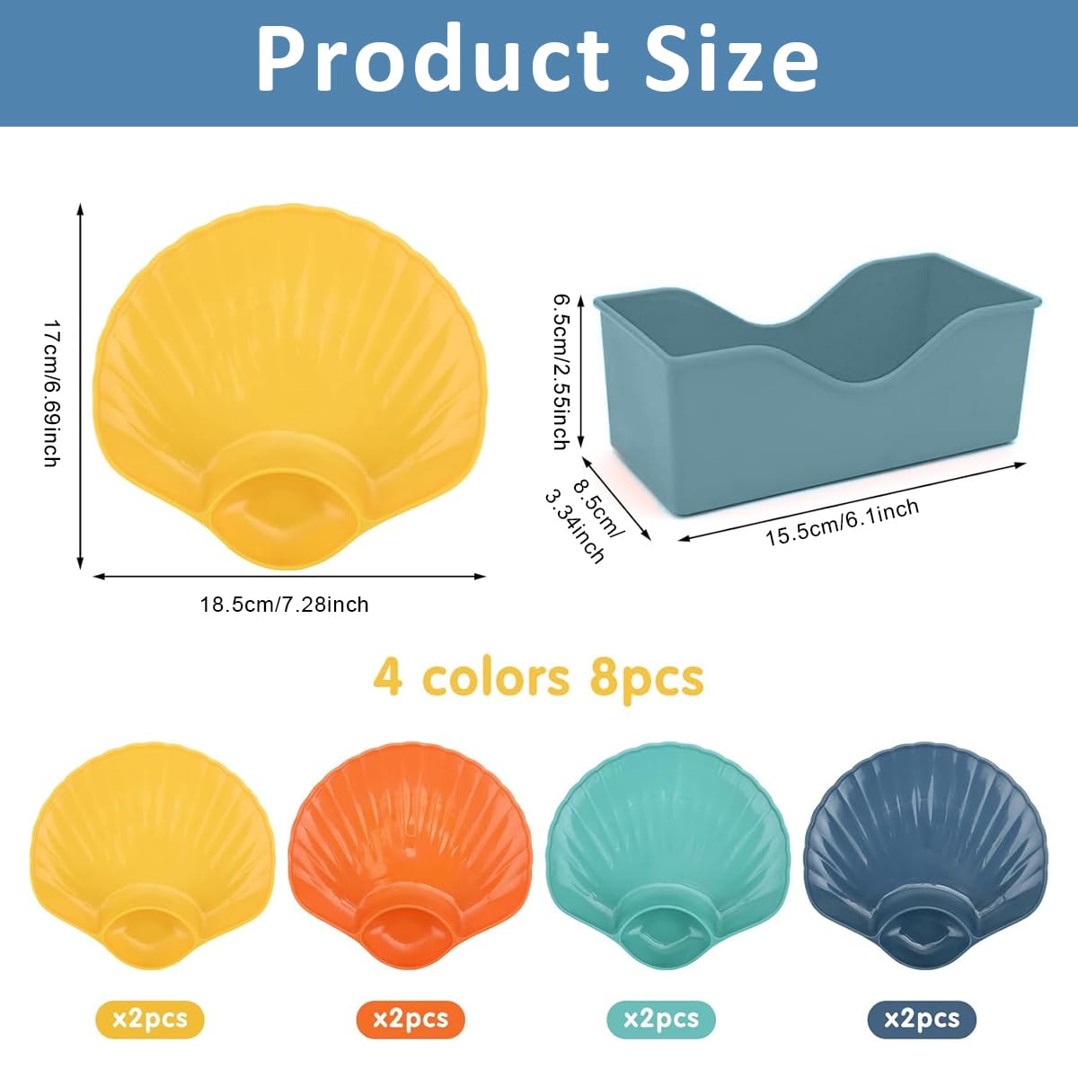 HASTHIP® 8pcs Snack Serving Trays with Organizer Holder Creative Colorful Seashell Dumpling Tray with Dipping Sauce Compartment Multi Food Grade PP Serving Trays Food Plates for Chips, Sushi