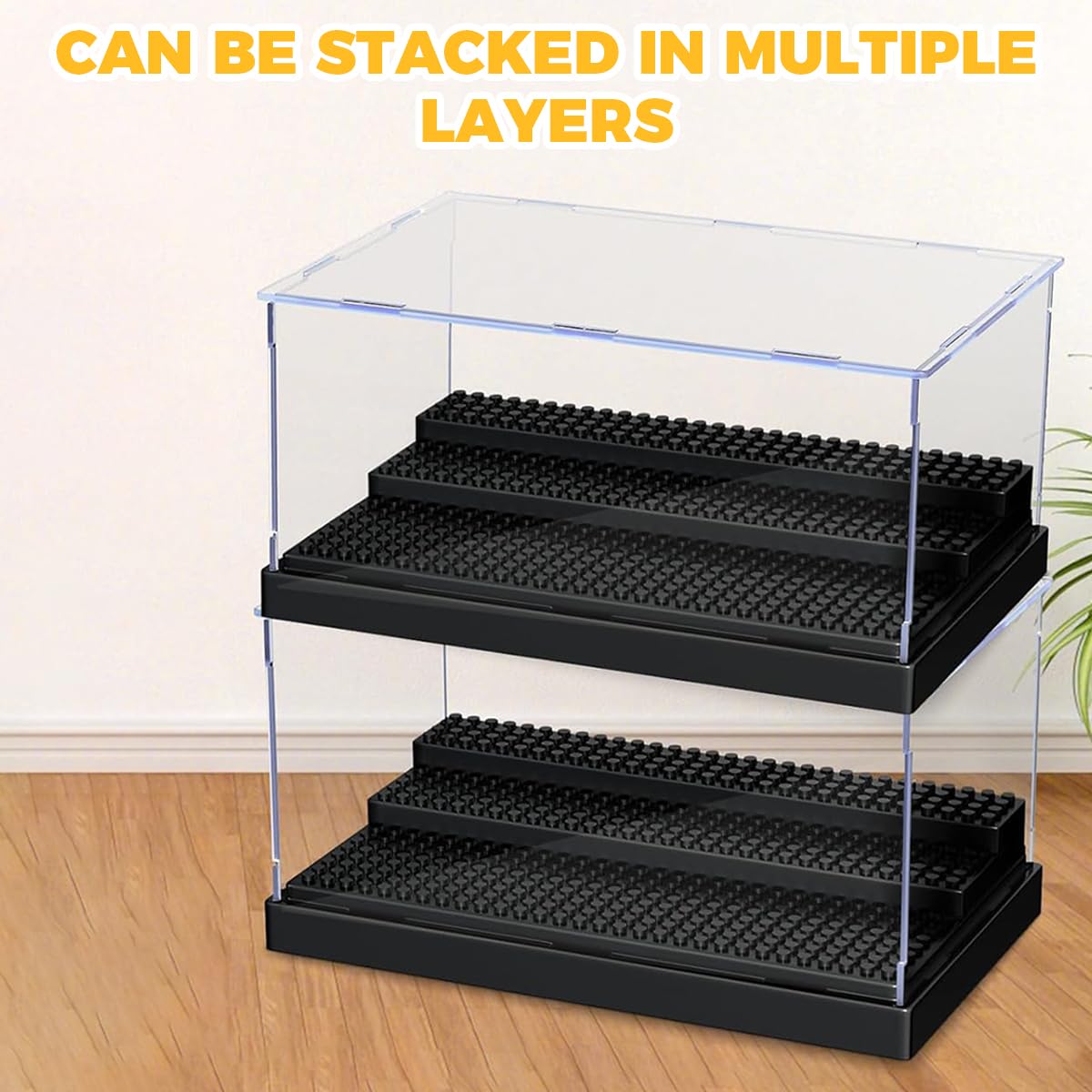 PATPAT Acrylic Display Box for 30–50 Minifigures featuring 3 Tier Stepped Studs Stand | 25.5×13.7×15.5 cm Transparent Dustproof Case