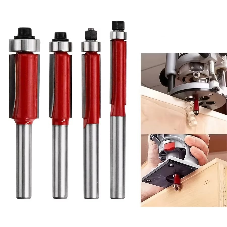 Serplex® 4PCS Flush Trim Router Bit Set, Professional 1/4 Inch Shank Top Bearing Hard Alloy Flush Trim Cut Router Bit for Woodworking Embedding Edging Milling Drill Bits(red)