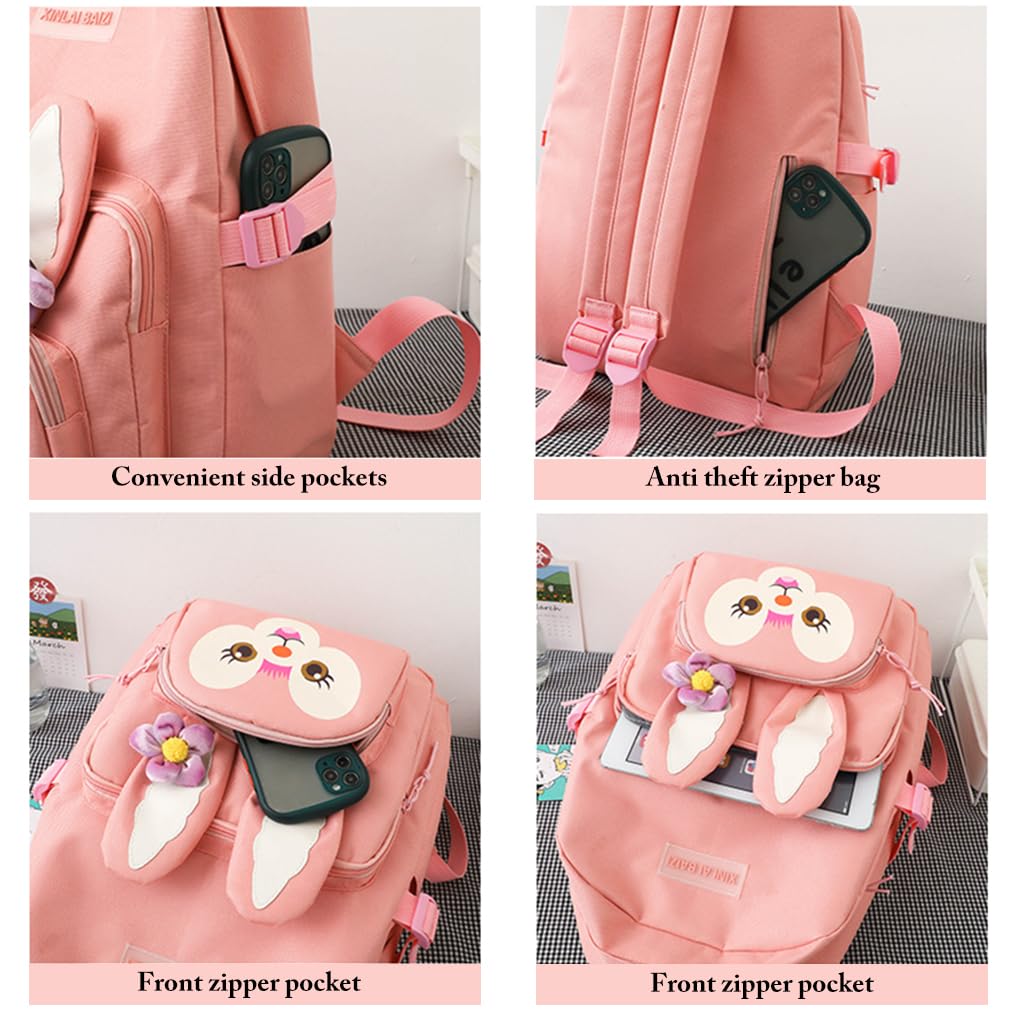 PALAY® 5Pcs Set Cute Backpack for Girls Canvas Backpacks Set with Canvas Tote Bag Waterproof Multi-Pocket Kawaii School Backpack for Kids Laptop School Bag