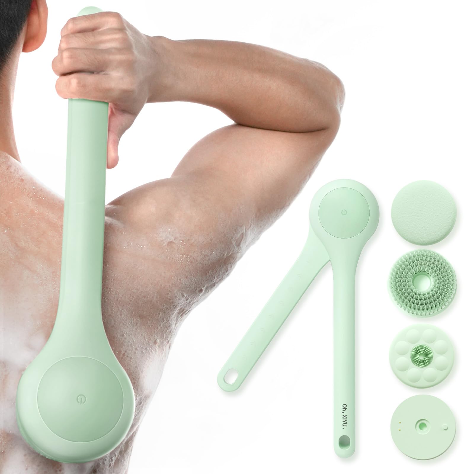 HANNEA® Electric Body Brush Back Scrubber for Shower, Waterproof Long Dual Handle Power Body Scrubber with 3 Heads, Rechargeable Bath Brush & 2 Speeds, for Cleansing, Exfoliating and Massaging Green