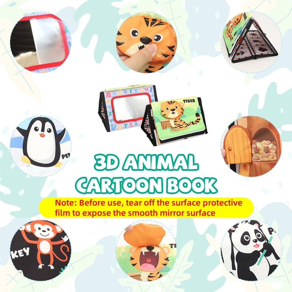 SNOWIE SOFT Baby Cloth Book for Tummy Time with Mirror and Squeaky Device | 3D Animal Pages