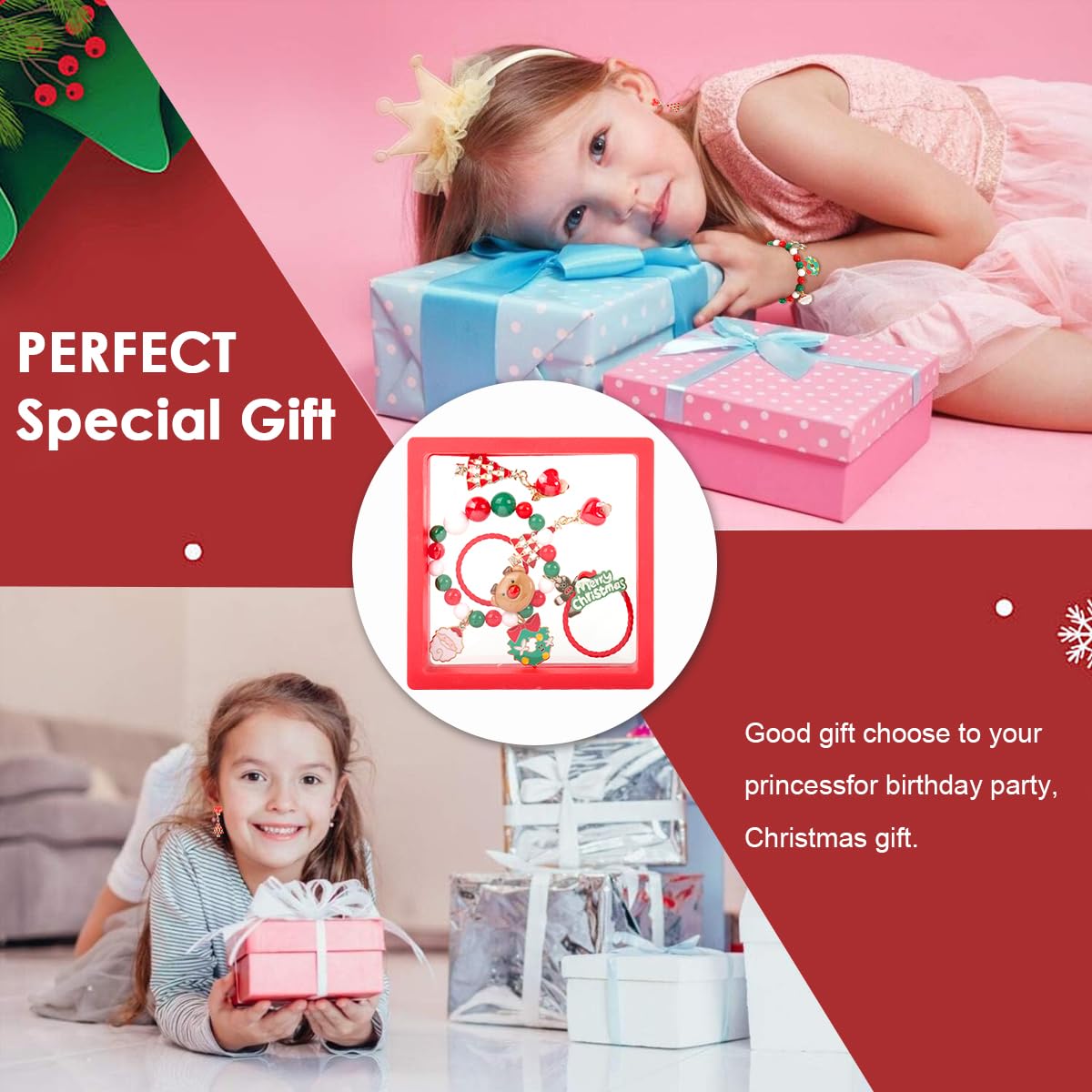 SANNIDHI Kids Christmas Jewelry Gift Set of 5Pcs for Girls with Beaded Bracelet and Hair Ties