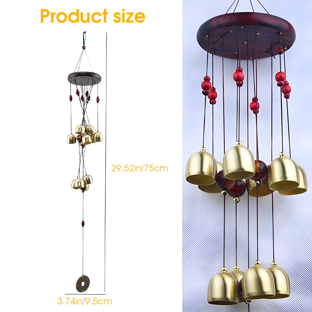 HASTHIP feng Shui Wind Chimes for Home and Garden with 10 Copper Bells and Wooden Roof 75cm