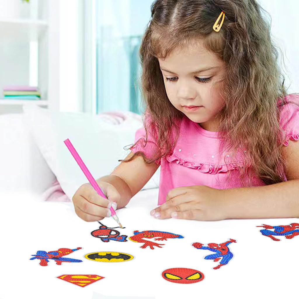 PATPAT® DIY Diamond Painting Stickers Kit 8Pcs Cartoon Spiderman Diamond Painting Art Sticker for Kids Self-adhesive Color Diamond Painting Art Sticker Kit for Kids & Adults Gift for Kids Age 3+