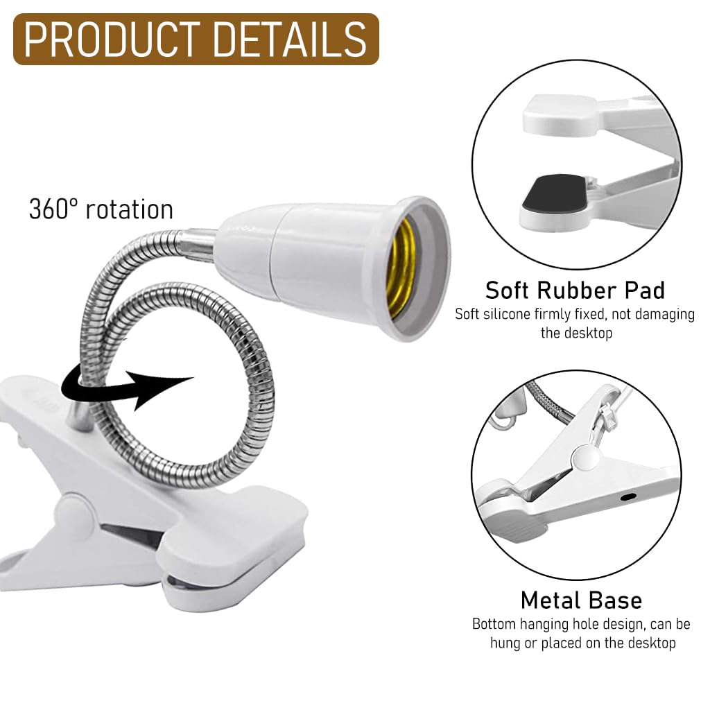 ELEPHANTBOAT E27 Clamp Lamp Holder for Desk Use with 360° Flexible Gooseneck and Switch | White 2PCS