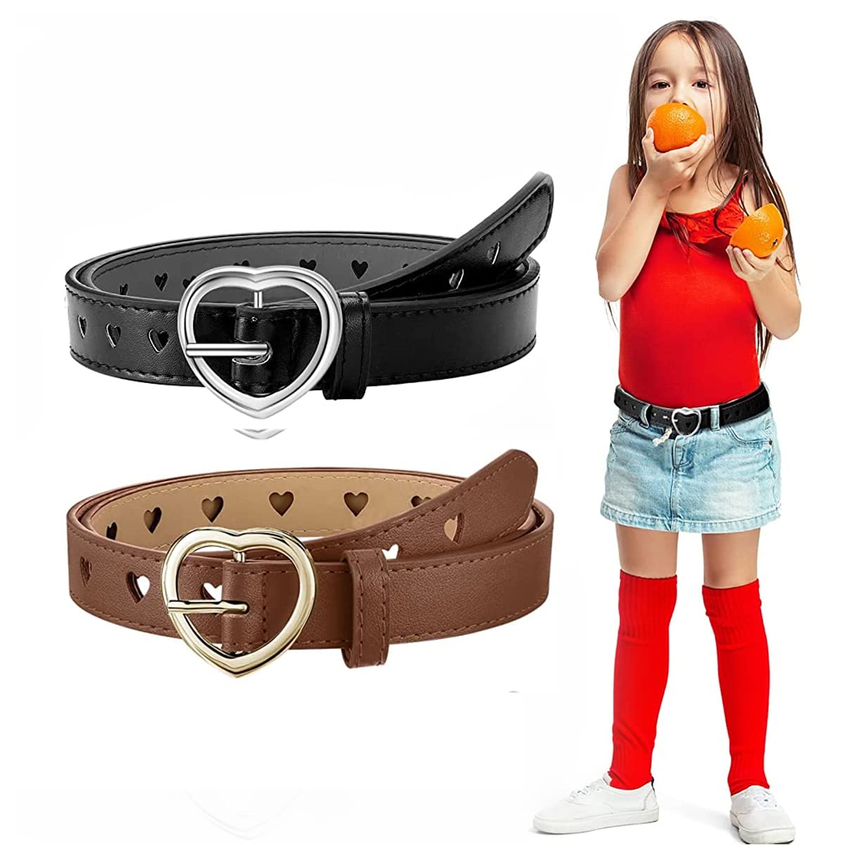 PALAY® Kids Belt for Girls 6-12, 2Pcs Fashion Girls Belt PU Leather Hollow Heart Metal Buckle Belt for Girl Jeans Dress Pants Gift (Black & Brown, Suit for Waist 26-30