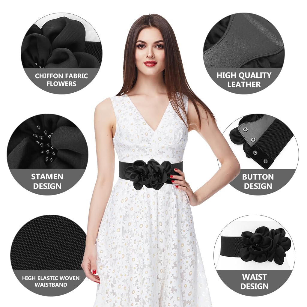 PALAY® Women Wide Waist Belt Stretchy Chiffon Flower Dress Belt Blazer Belt Elastic Snap Button Closure Styling Waist Belt Vintage Blouse Blazer Evening Dress Belt