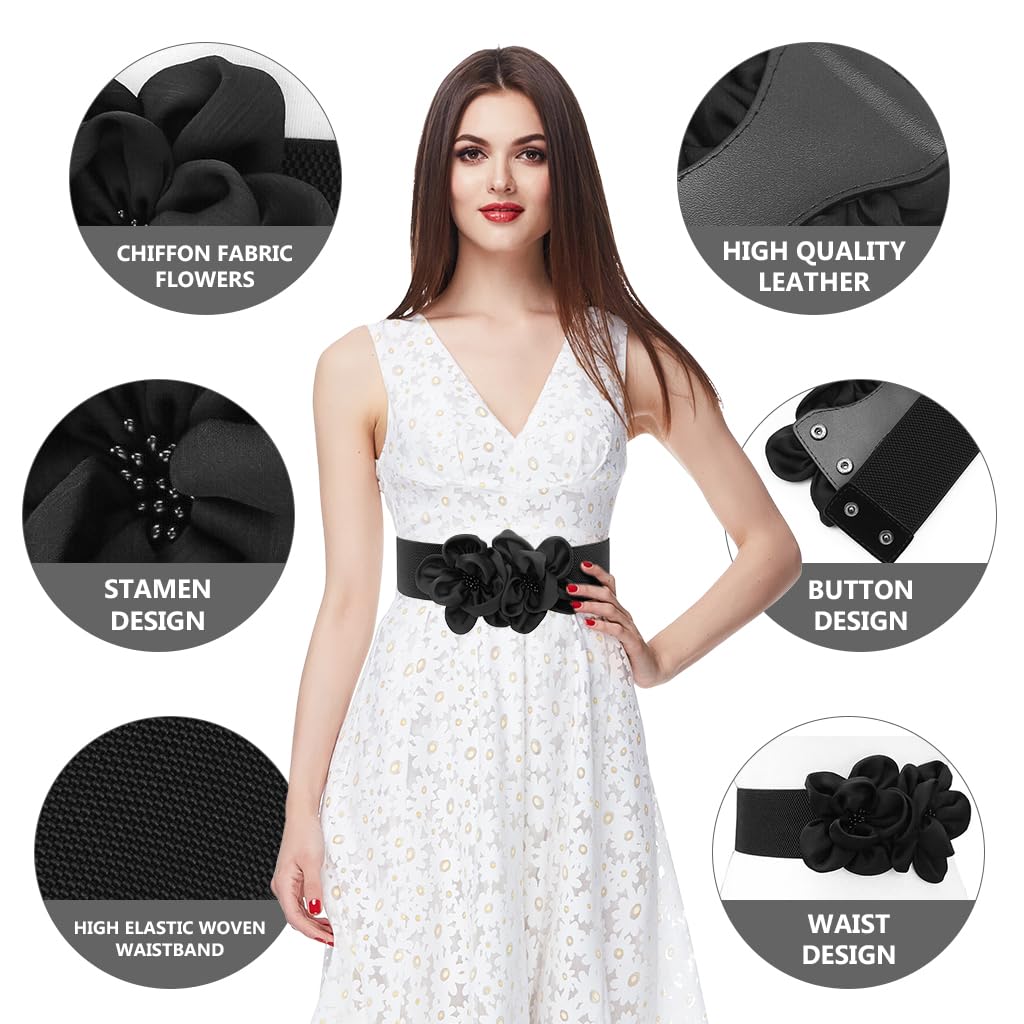 ZIBUYU Stretch Wide Waist Belt for Dresses with Snap Closure and Chiffon Flowers | Adjustable 65–86 cm Black Elastic Design
