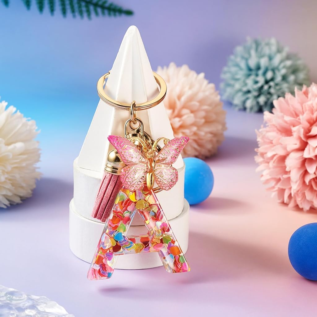 ZIBUYU Keychain Charm featuring Letter A&S with Pink Butterfly Clear Resin for Girls | 1 Piece