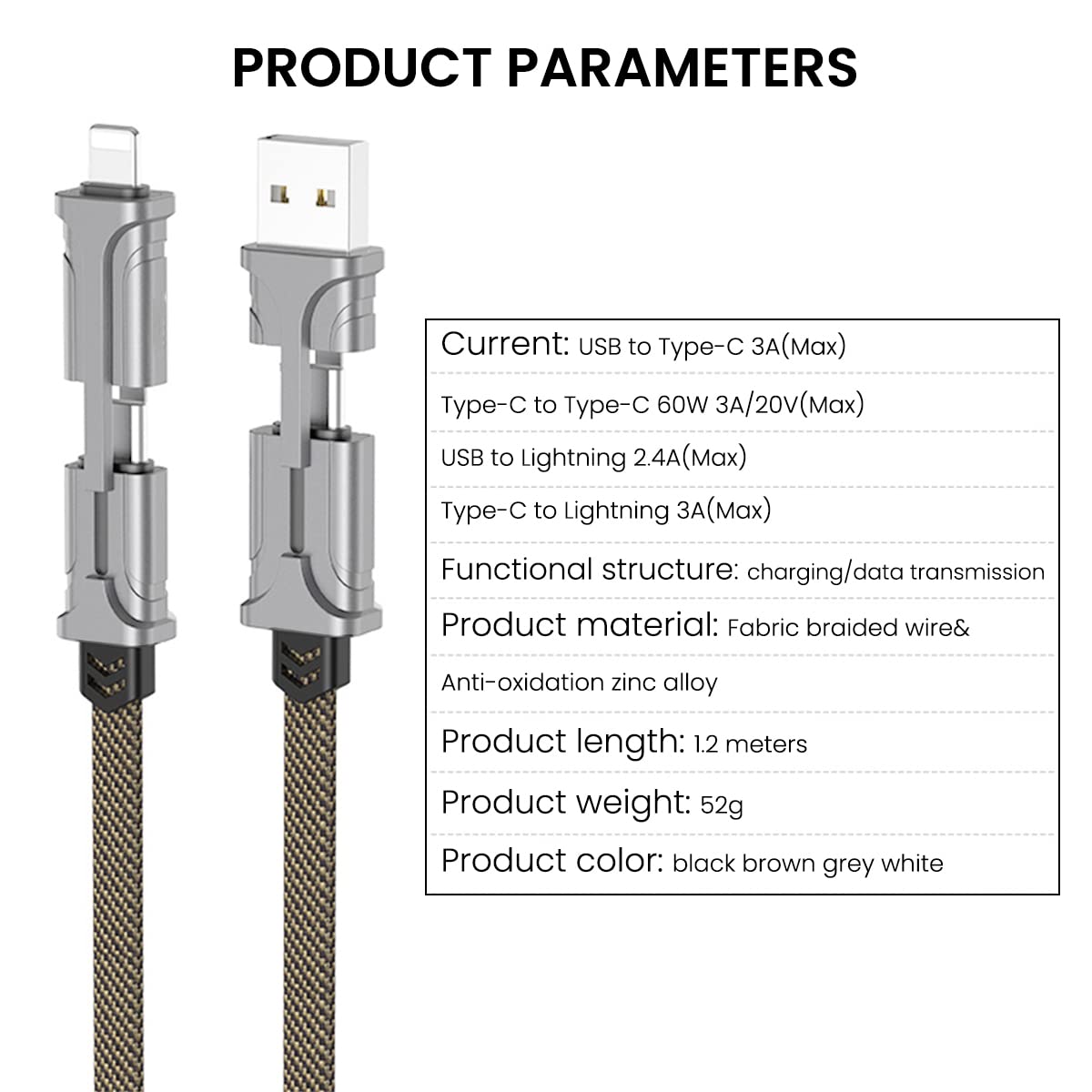 Verilux® 4 in 1 Charging Cable USB A Type C to Type C Light-ning 60W Fast Charging Cable Nylon Braided for iOS/Android Compatible with iPhone, iPad, Samsung Galaxy, Huawei, PC, HTC, OnePlus-1.2M, Grey